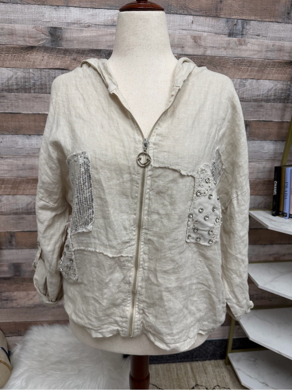 Linen Sequin and Rhinestone Embellished Zip-Up Hoodie